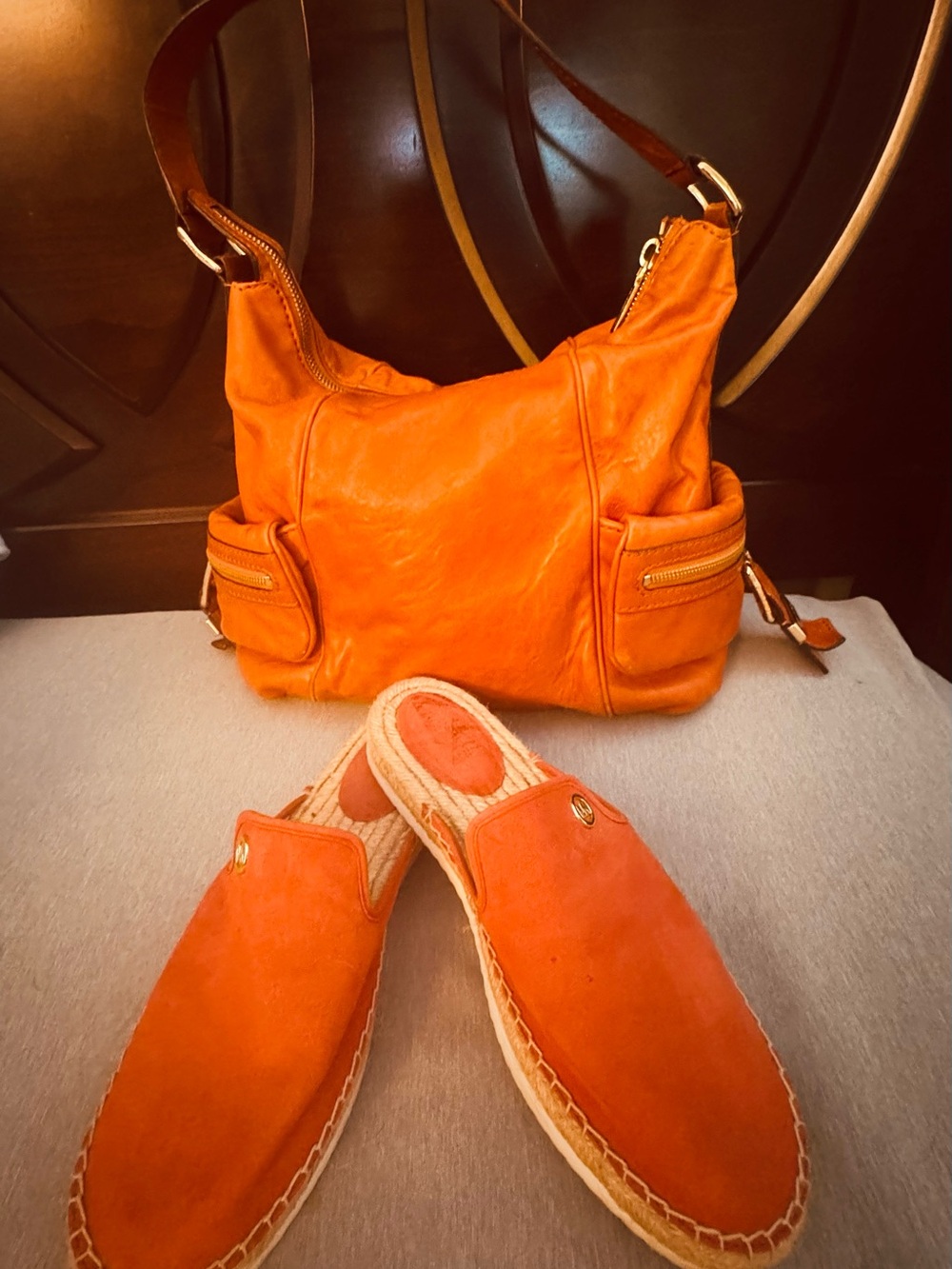 Orange Suede Women's Espadrille Mules with Matching Shoulder Bag